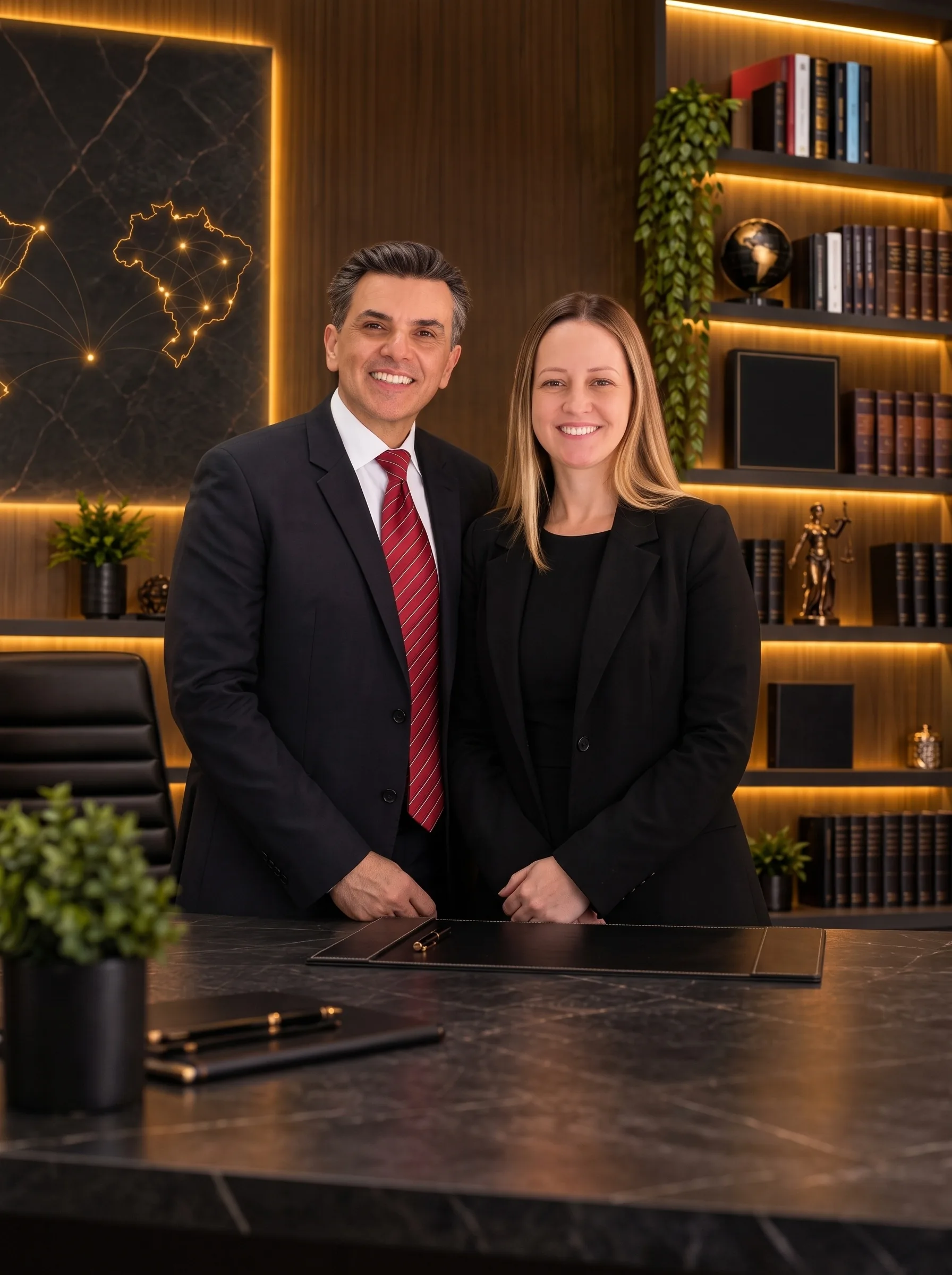 Dr. Francisco e Dra. Marcia, advogados, sorrindo lado a lado no escritório, com estantes de livros iluminadas ao fundo.